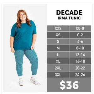 #146 LULAROE- DECADE BOUTIQUE "IRMA' TUNIC AVAILABLE IN VARIOUS COLORS,SIZES